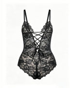 V Neck Lace Seamless Back Drawstring Bodysuit