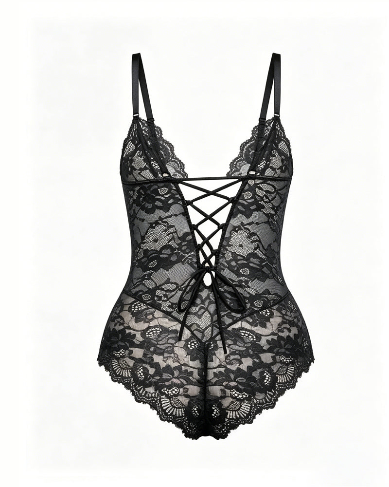 V Neck Lace Seamless Back Drawstring Bodysuit