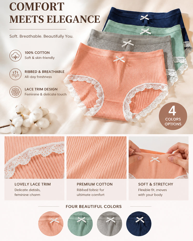 High Waisted Pure Cotton Ribbed Lace-trim Panties