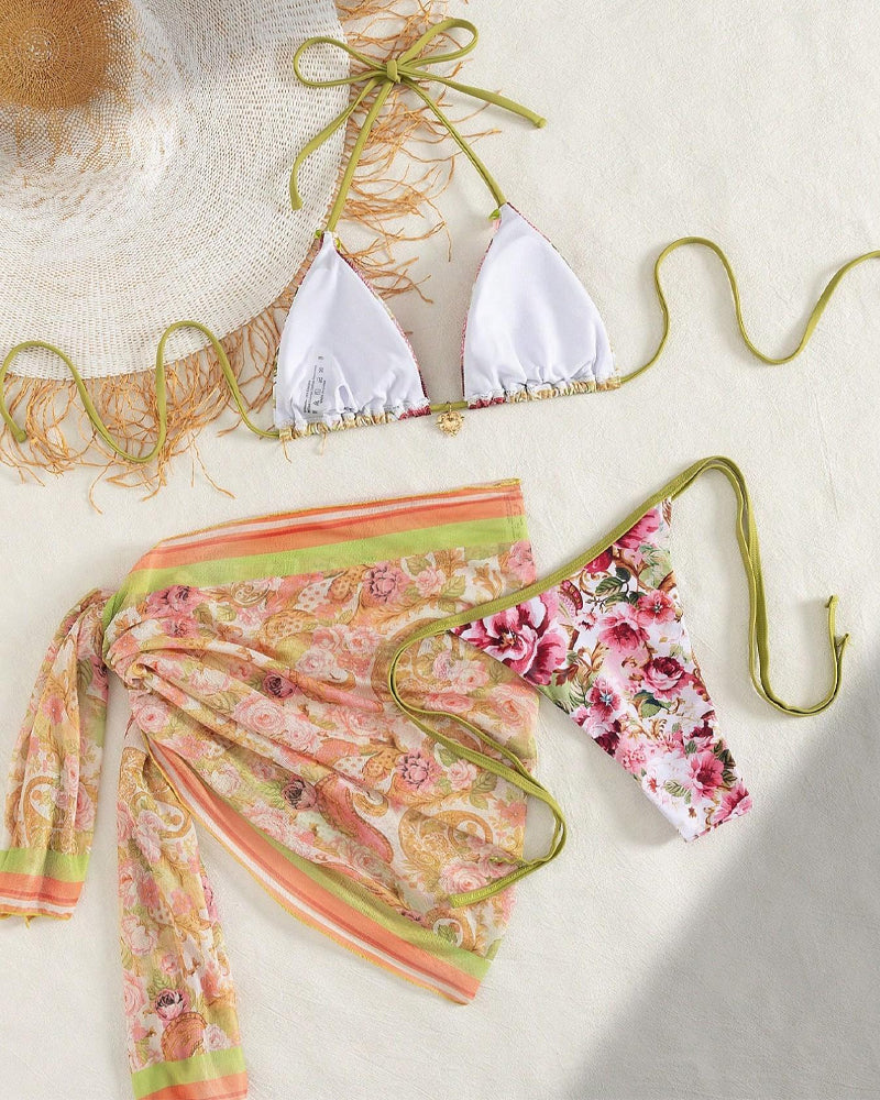 Retro Floral Print Halter Bikini and Cover-up Three-piece Set