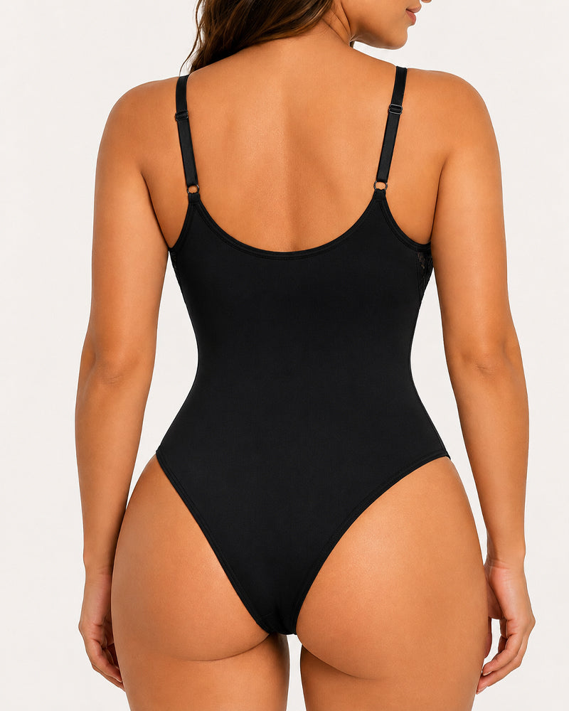 Women's Deep V Lace-Trimmed Tummy Control Seamless Bodysuit