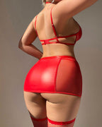See-through Mesh Lleather Spliced Sexy Strappy Two-piece Lingerie Set