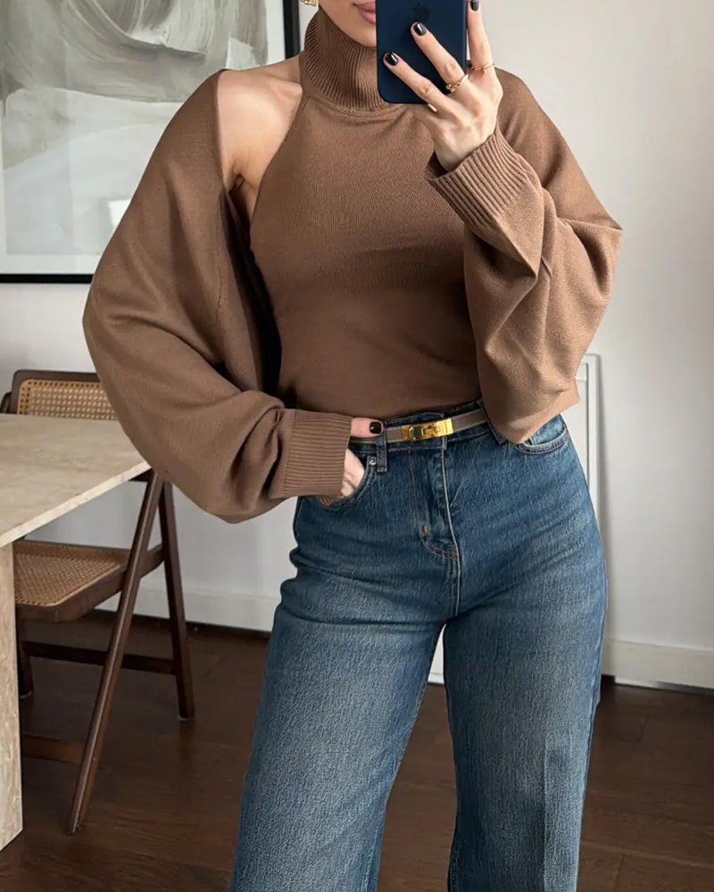 High-neck Sexy Backless Buckle Closure Knitted Vest and Long-Sleeved Cardigan Two-piece Set