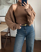 High-neck Sexy Backless Buckle Closure Knitted Vest and Long-Sleeved Cardigan Two-piece Set