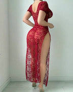 Sexy Floral Lace See-through Mesh High Slit Short-sleeved Long Lingerie Nightgown