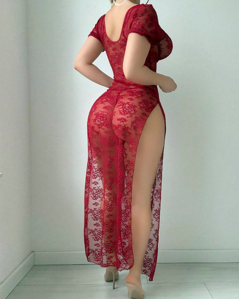 Sexy Floral Lace See-through Mesh High Slit Short-sleeved Long Lingerie Nightgown