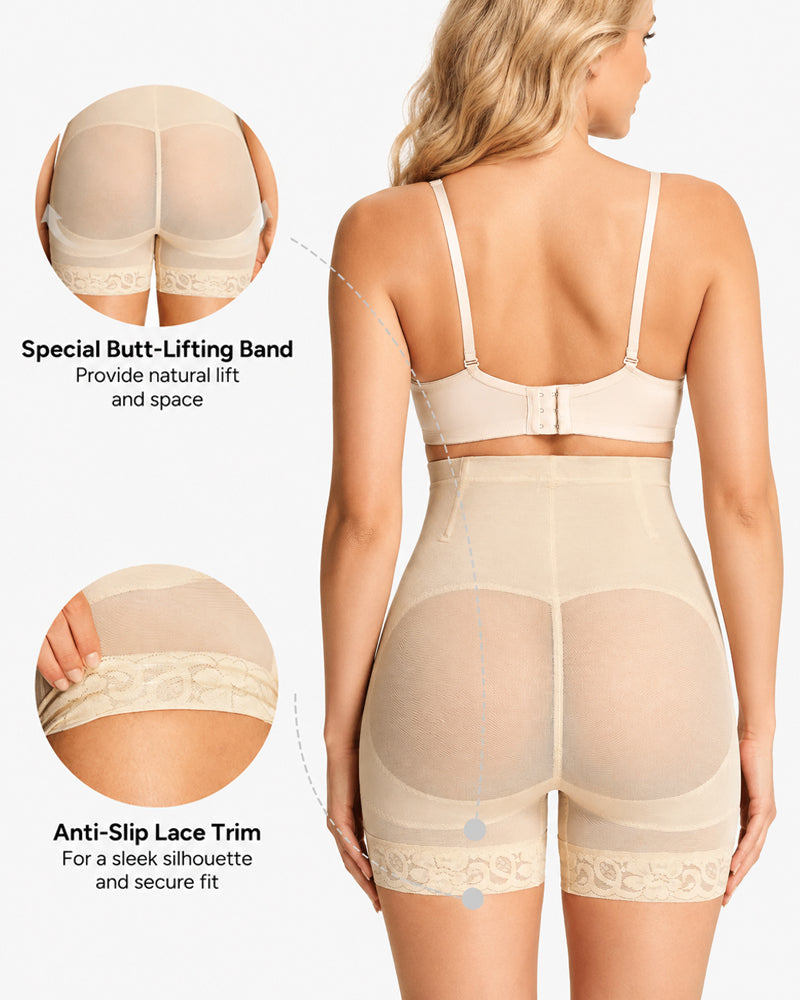 High Waist Tummy Control Sheer Mesh LaceTrim Shaping Shorts