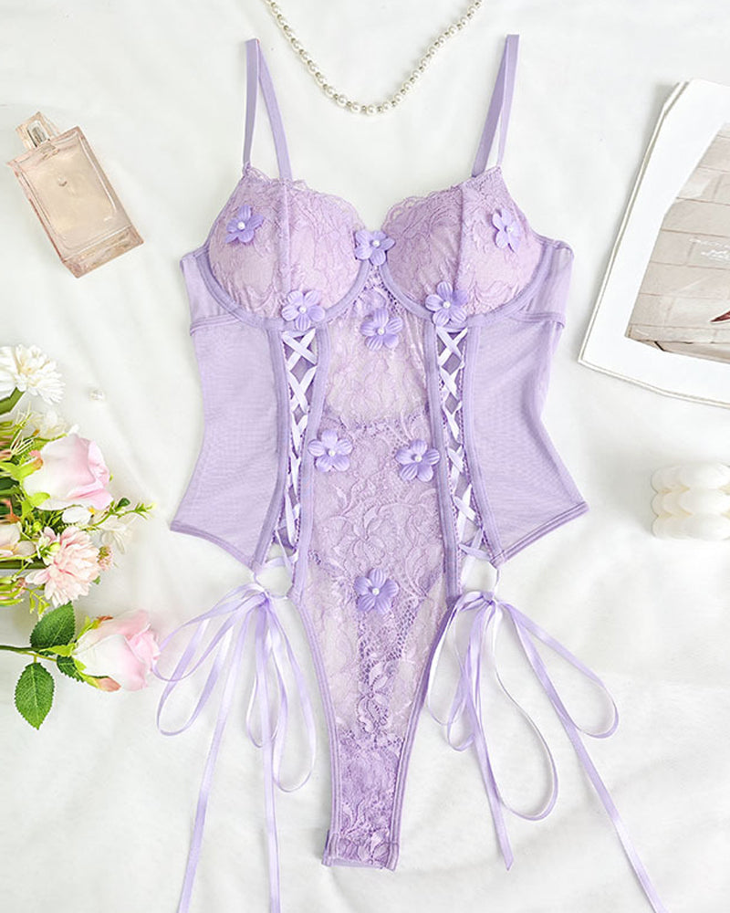 Sexy Floral Lace Sheer Cutout Strappy Bodysuit Lingerie