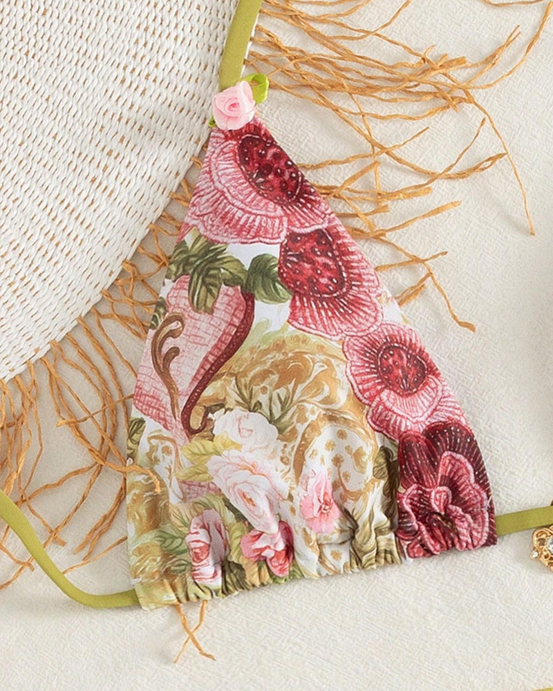 Retro Floral Print Halter Bikini and Cover-up Three-piece Set