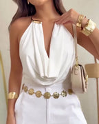 Women's Sexy Halter Neck Choker-Decorated Solid Color Bodysuit