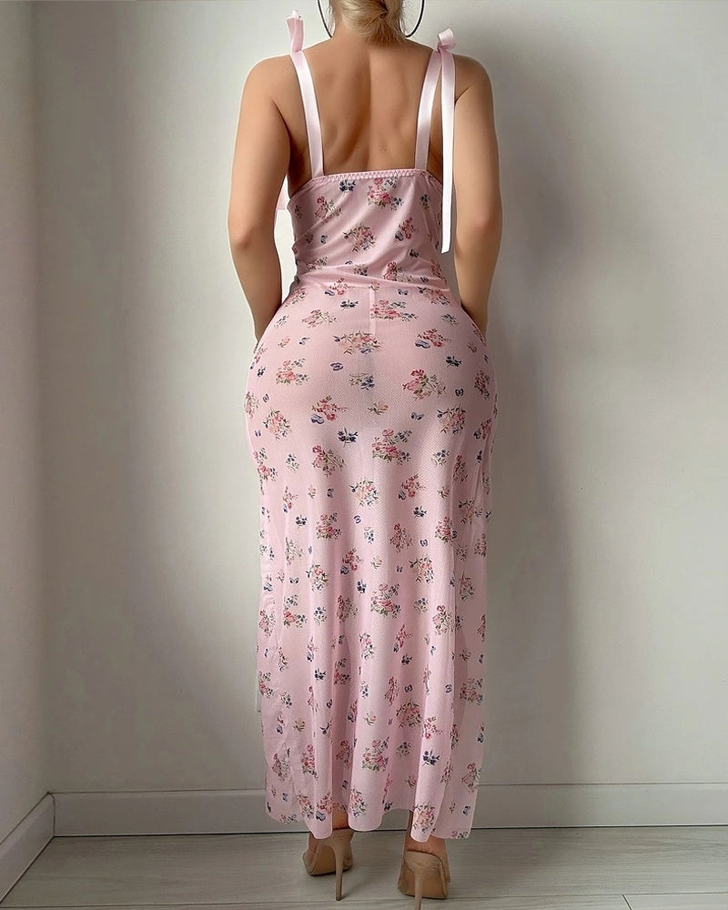 Sexy Deep V Floral Print See-through Mesh High Slit Camisole Long Nightgown and Thong Set