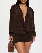 Sexy Deep V-neck Batwing Long-sleeved Dress