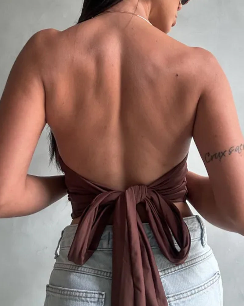 Sexy Metallic Choker Halter Waist Tie Detail Top