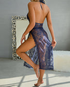 Sexy Halter Neck Lace Sheer Mesh High Slit Chain-embellished Long Nightgown