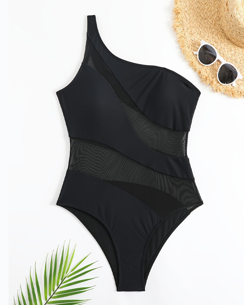 Sexy One-shoulder See-through Mesh One-piece Swimsuit
