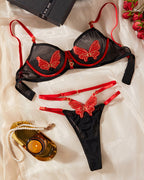 Sexy Colorblock Mesh Sheer Butterfly Embroidery Lingerie Set