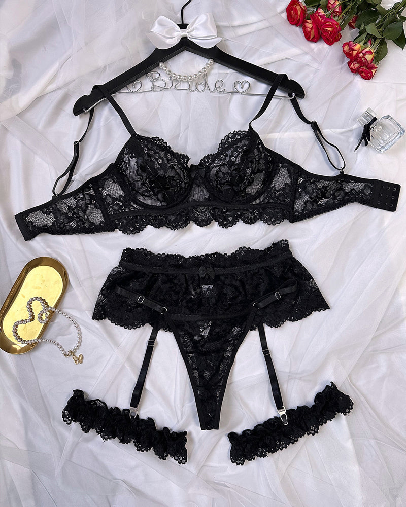 Sexy Floral Lace Mesh Underwire Bra Lingerie and Detachable Lace Thigh Garter Belt Set