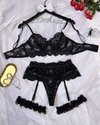 Sexy Floral Lace Mesh Underwire Bra Lingerie and Detachable Lace Thigh Garter Belt Set