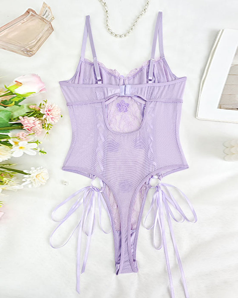 Sexy Floral Lace Sheer Cutout Strappy Bodysuit Lingerie