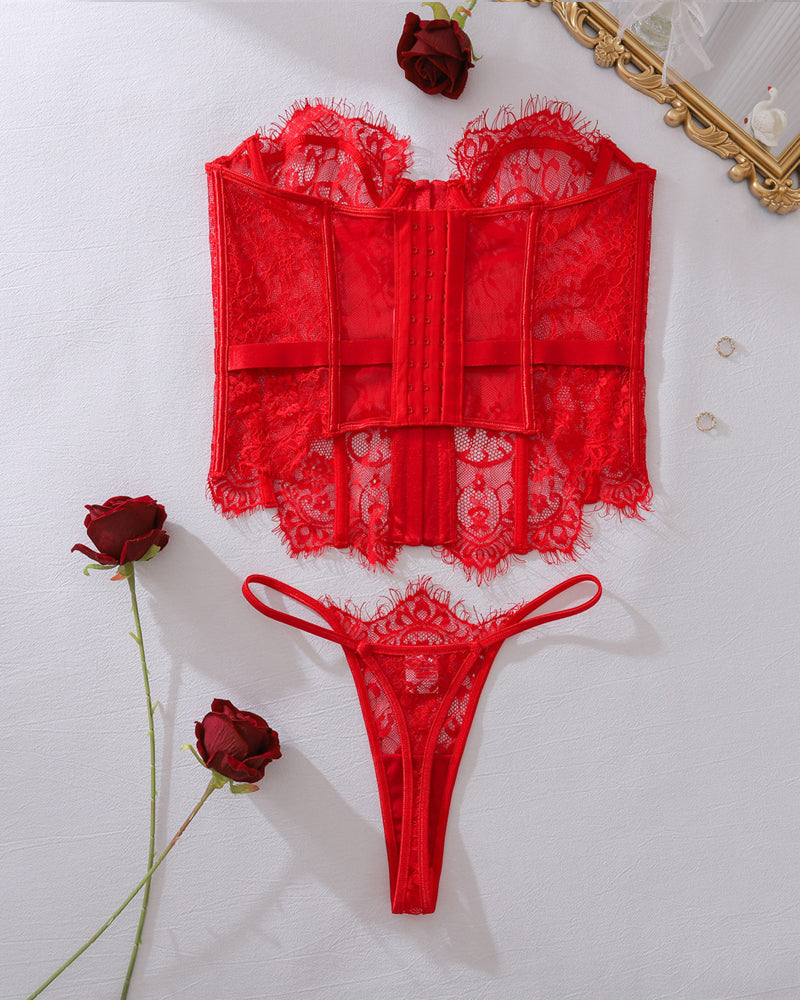 Embroidered Floral See-Through Sexy Hollow Strap Body Shaping Underwear Two-Piece Set with Stockings