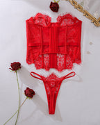 Embroidered Floral See-Through Sexy Hollow Strap Body Shaping Underwear Two-Piece Set with Stockings