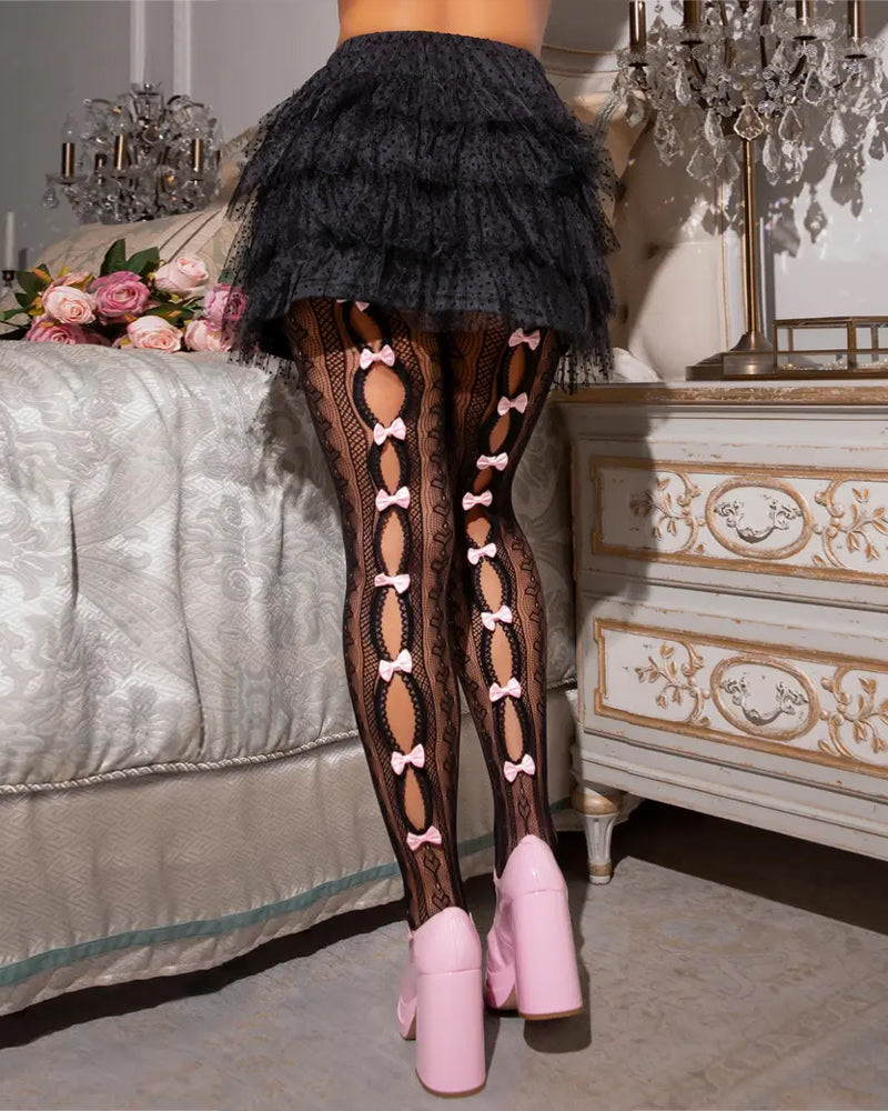 Sexy see-through mini bow-decorated openwork pantyhose