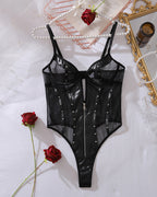 Sexy Studded Mesh See-through Leather Zipper Front-opening Bodysuit