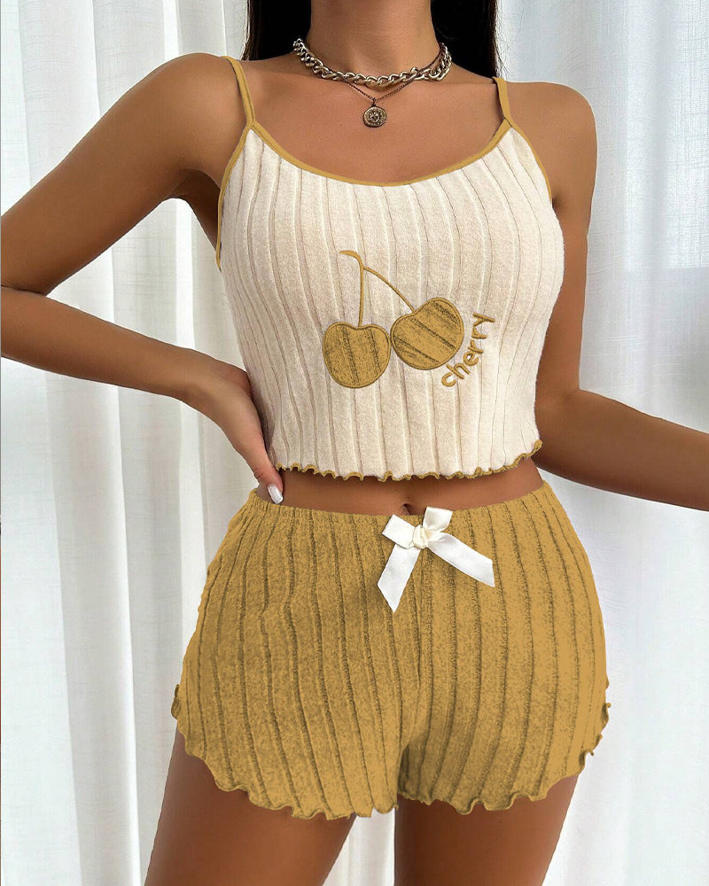 Cherry Brushed Colorblock Camisole and Shorts Loungewear Set