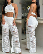 Women's Sexy Vacation Knit Hollow Halter Neck Top and Pants Set