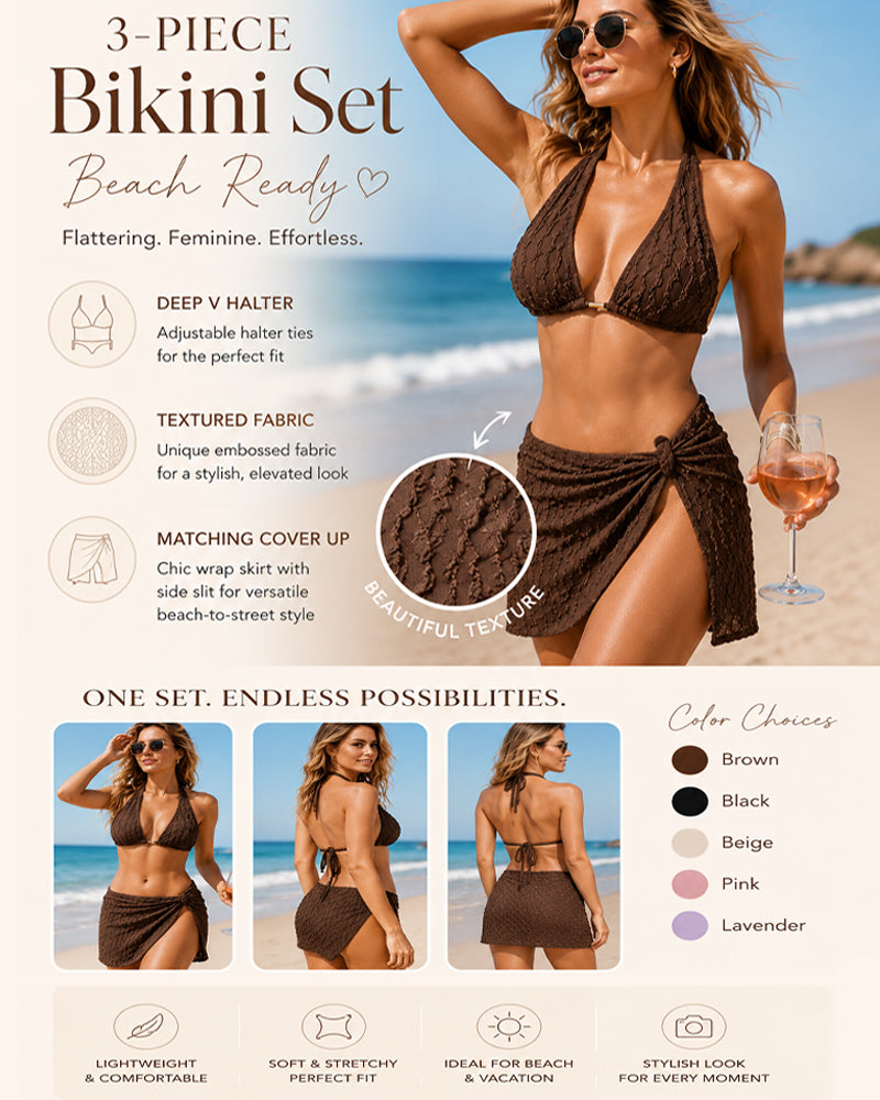 Deep V Halter-Neck Bikini Swimsuit and Sarong Skirt Three-Piece Set