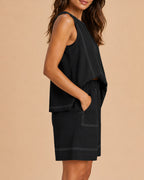Casual Pure Cotton Sleeveless Vest and High Waist with Pocket Short Suit