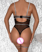 Sexy Mesh Sheer Gold Thread Patchwork Erotic Bodysuit
