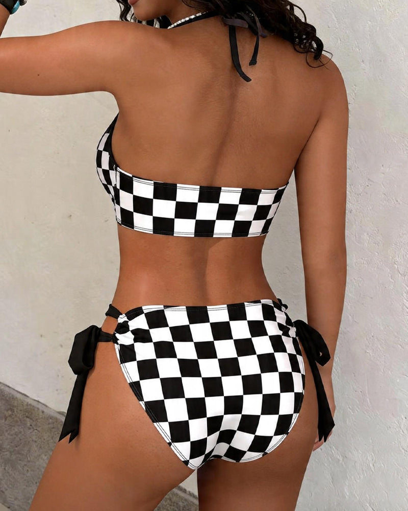 Halter Neck Colorblock Plaid Print Bikini Swimsuit Set