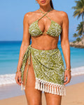 Bohemian Halter Bikini and Tassel Sarong Three-piece Set