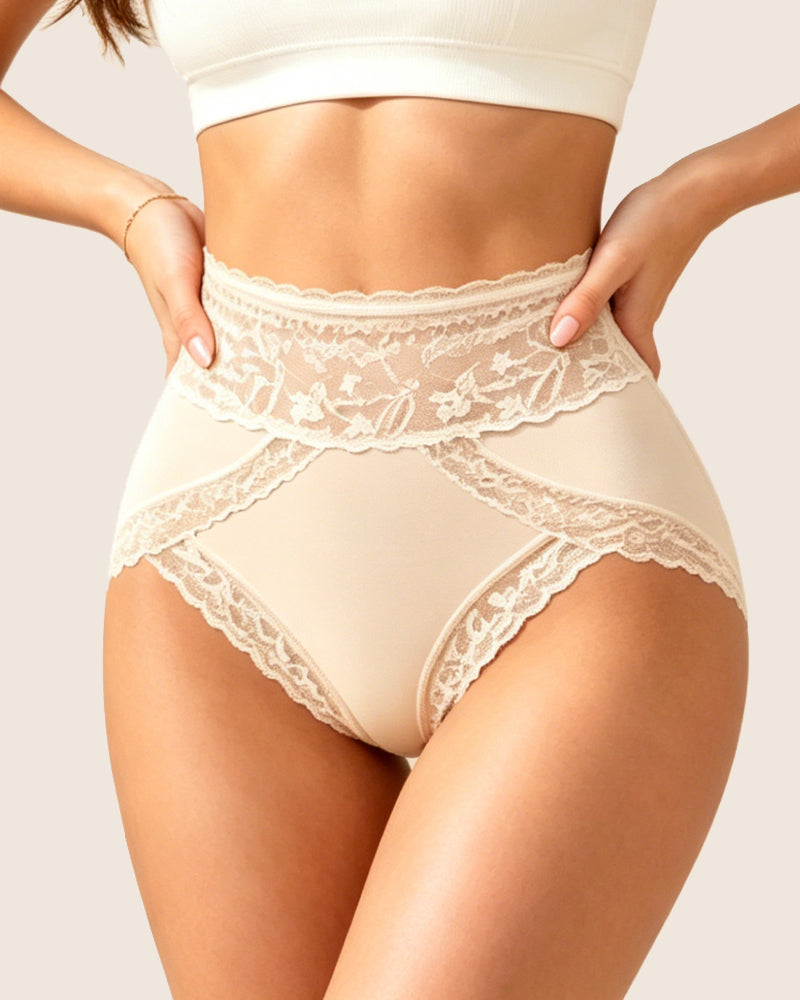 High Waisted Sheer Lace-trim Seamless Breathable Briefs