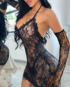 Deep V-neck Halter-neck Backless Floral Lace Sheer Bodycon Nightgown with Gloves