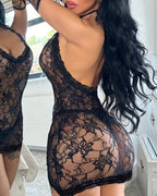 Deep V-neck Halter-neck Backless Floral Lace Sheer Bodycon Nightgown with Gloves