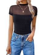Women's High-Neck Sheer Mesh Panel Seamless Short Sleeve Bodysuit