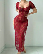 Sexy Floral Lace See-through Mesh High Slit Short-sleeved Long Lingerie Nightgown