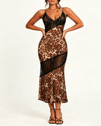 Sexy Leopard See-through Lace Patchwork Bodycon Long Slip Dress
