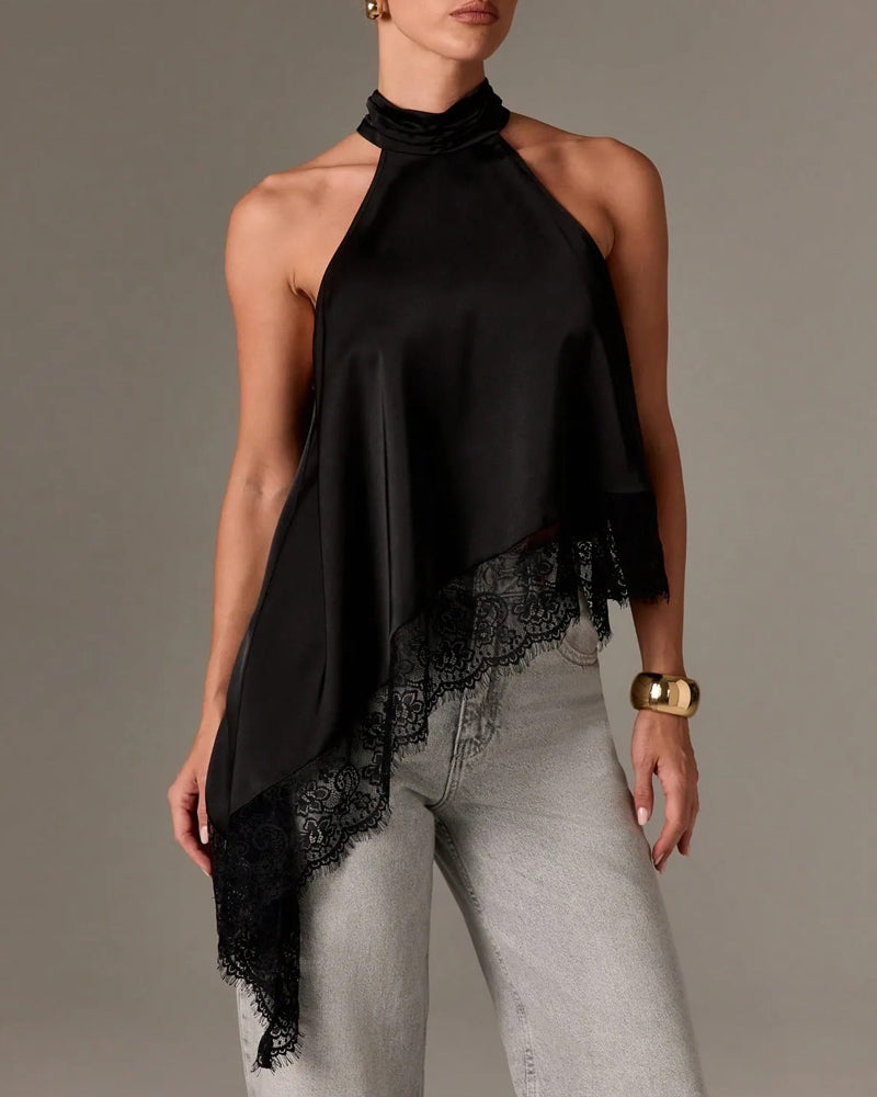 Women's Sleeveless Lace-trimmed Asymmetrical Halter Neck Satin Breathable Top