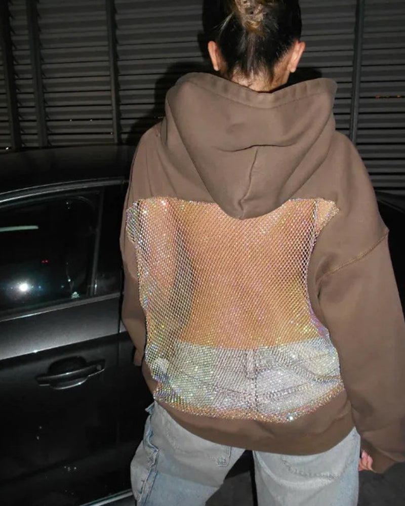 Fashion Solid Color Backless Cutout Mesh Panel Long-sleeved Hooded Sweatshirt