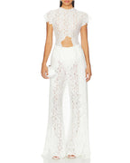 Lace Openwork Front Slit Long Top and Wide-leg Pants Set