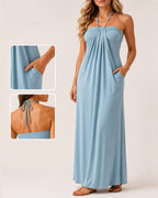 Halter Neck Backless Tie-up Long Dress with Pockets