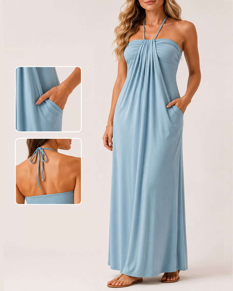 Halter Neck Backless Tie-up Long Dress with Pockets
