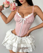Sexy Sheer Mesh Lace Patchwork Boning Spaghetti Straps Corset Top
