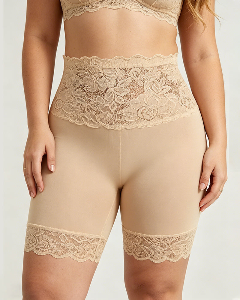 Women's High-Waisted Seamless Tummy Control Lace-Trimmed Elastic Shaping Shorts