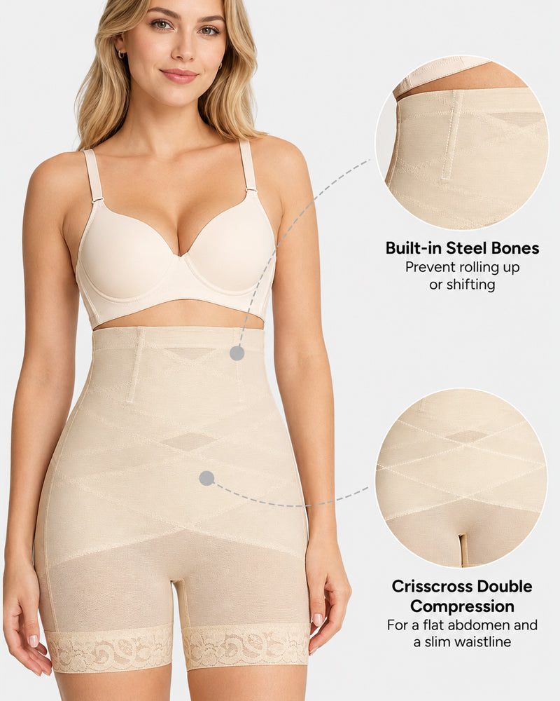 High Waist Tummy Control Sheer Mesh LaceTrim Shaping Shorts