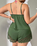 Plus Size Lace Satin V-Neck Camisole and Shorts Pajama Set
