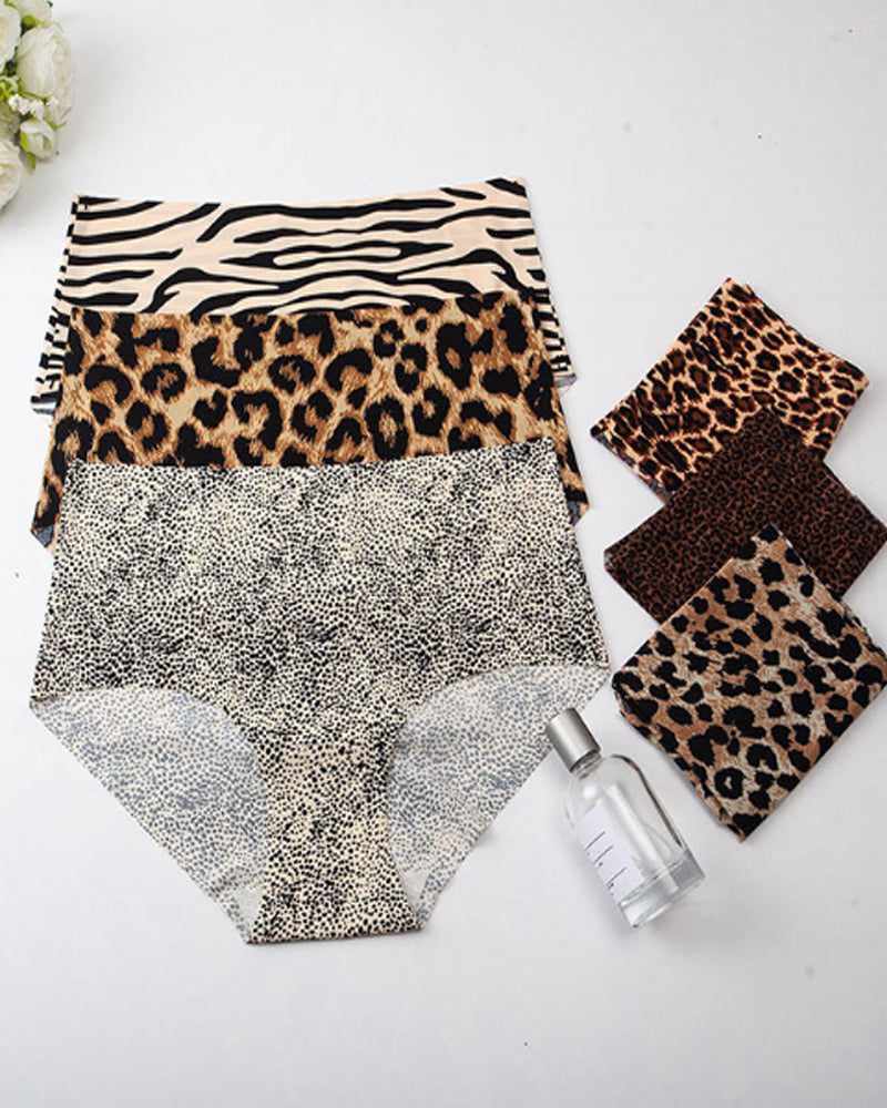 Women's Leopard Print High-Waisted Seamless High-Elastic Ice Silk Briefs